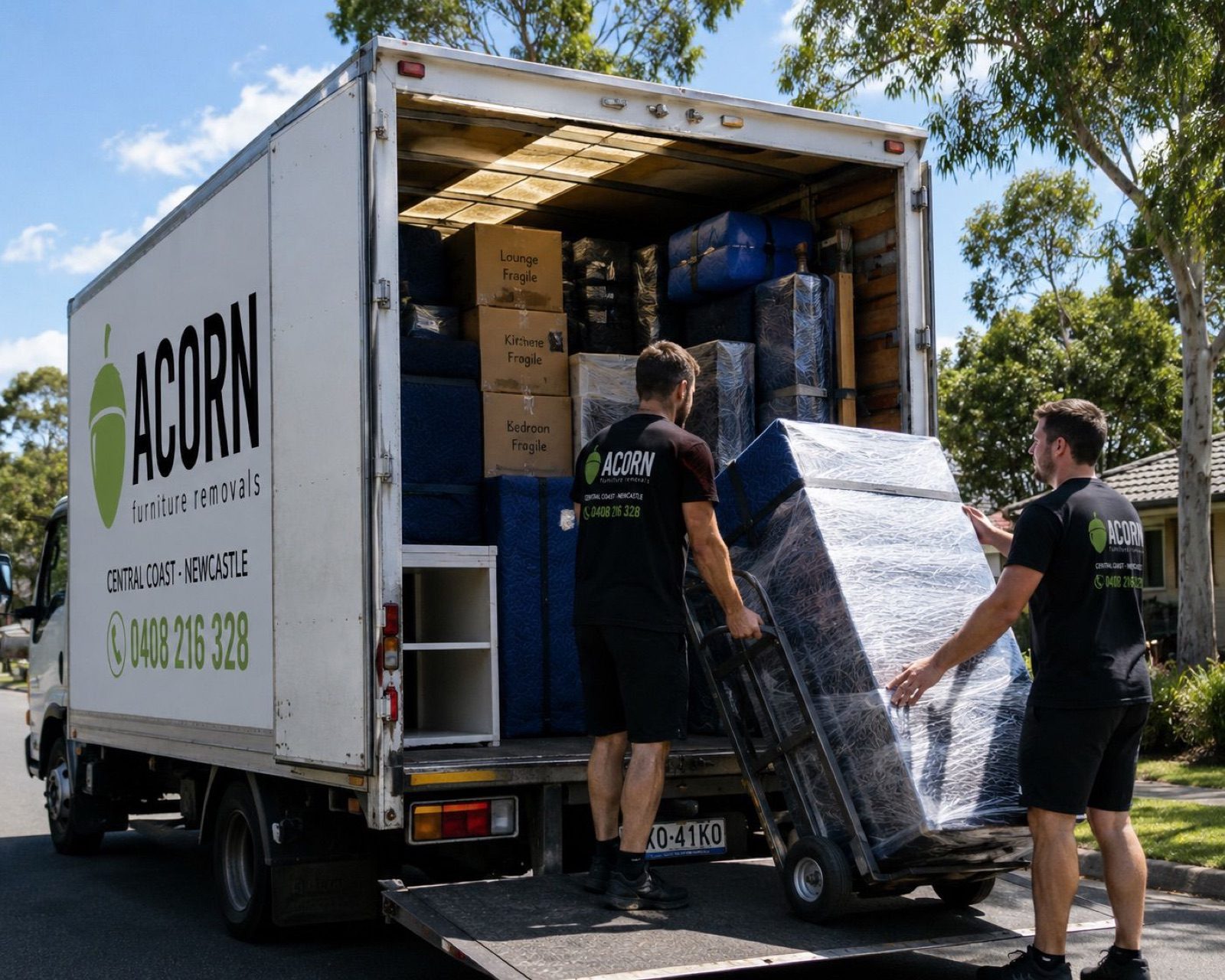 Two Acorn movers in branded uniforms loading a fragile-labelled item into a branded truck